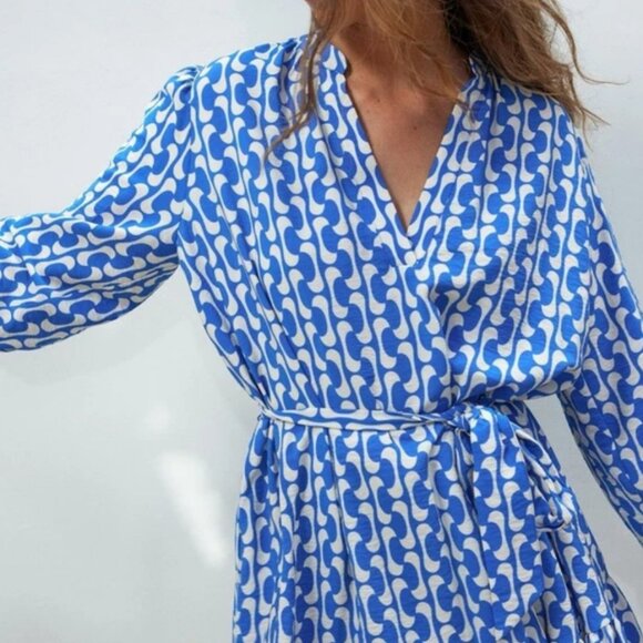 Zara Geometric Dress Long Sleeve Waist Tie Blue White Print Boho | Size XXL - Picture 3 of 12